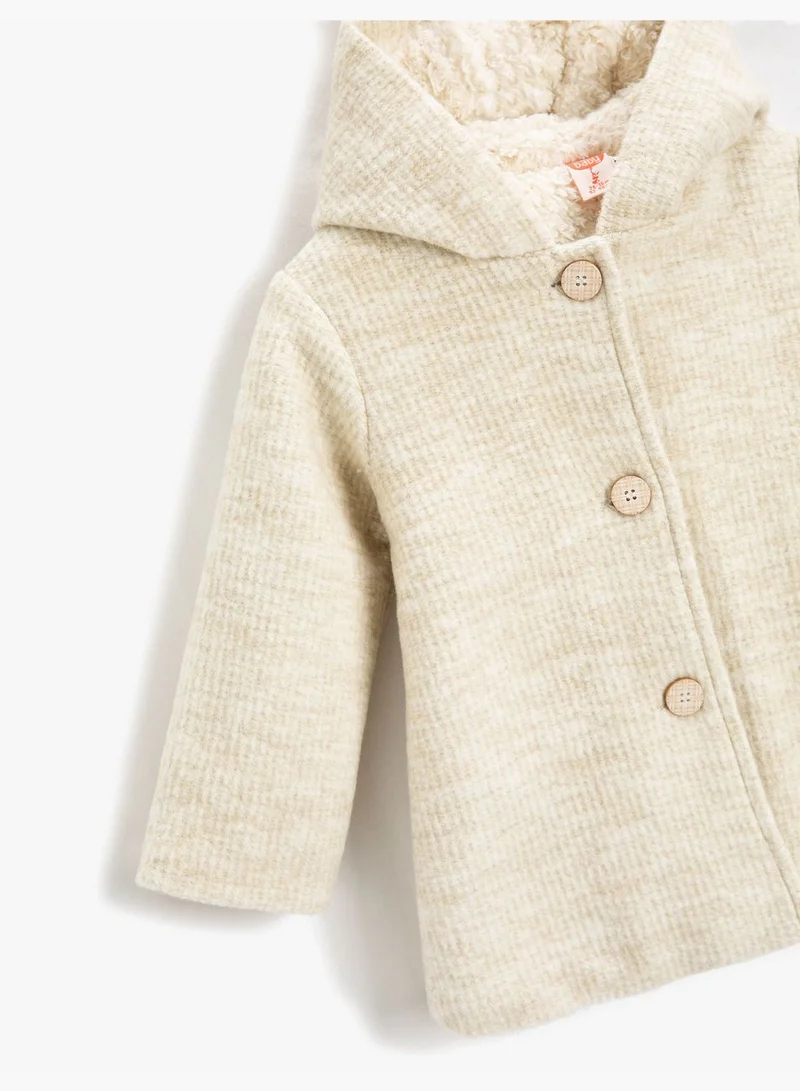 KOTON Shearling Lined Wool Blend Hooded Coat Button Closure