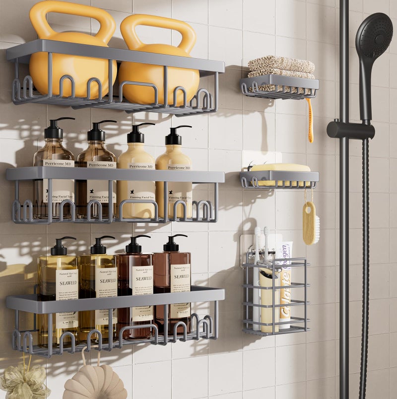 Veken 6Pack Rustproof  Waterproof Shower Caddy Adhesive Shelves Rack Large Capacity Bathroom College Dorm  Apartment Organizers NoDrill Wall Mount Living Room  Bedroom Decor Light Grey
