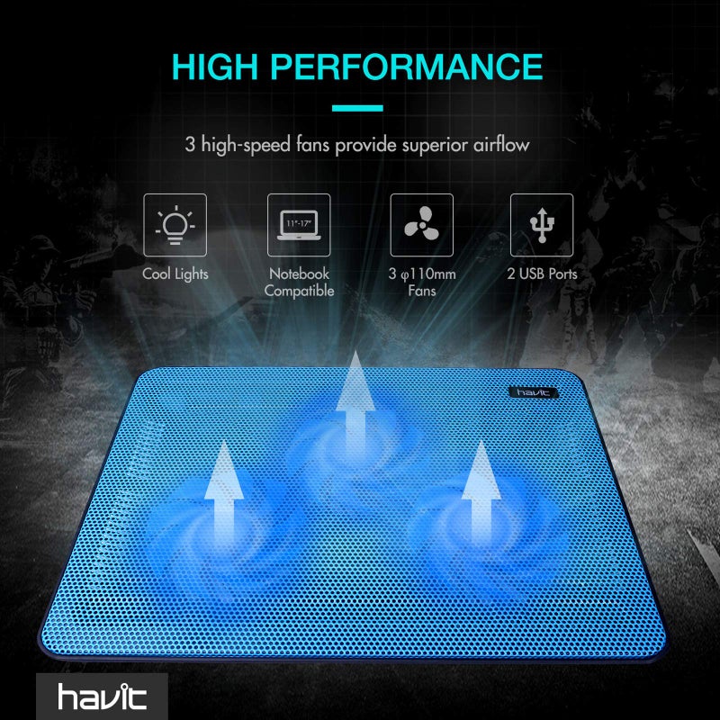 Havit HV-F2056 15.6-17 Inch Laptop Cooler Cooling Pad - Slim Portable USB Powered (3 Fans) (Blue) - Image 2