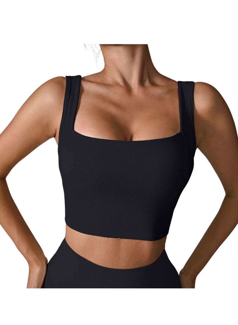 Casual sports vest, women's sleeveless square neck bra, elastic slim fit base shirt, soft skin-friendly blended fabric, versatile casual jacket, washable and anti-pilling (black/white/size M)