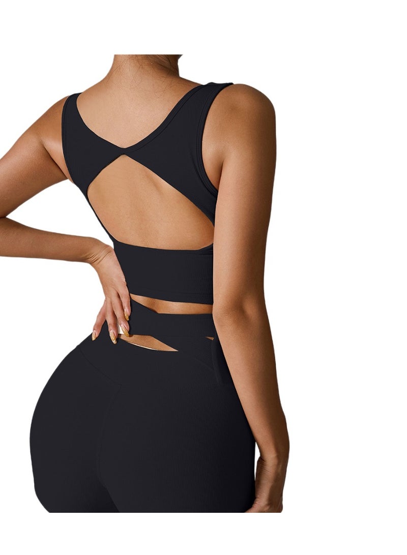 Casual sports vest, women's sleeveless square neck bra, elastic slim fit base shirt, soft skin-friendly blended fabric, versatile casual jacket, washable and anti-pilling (black/white/size M)