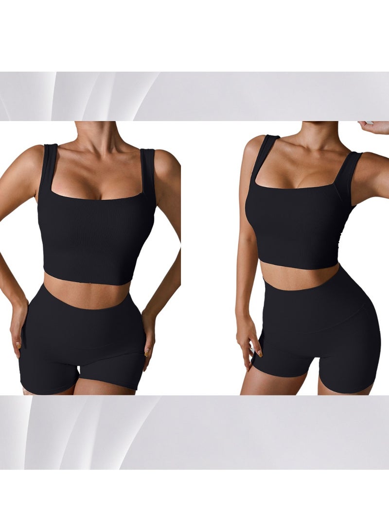 Casual sports vest, women's sleeveless square neck bra, elastic slim fit base shirt, soft skin-friendly blended fabric, versatile casual jacket, washable and anti-pilling (black/white/size M)