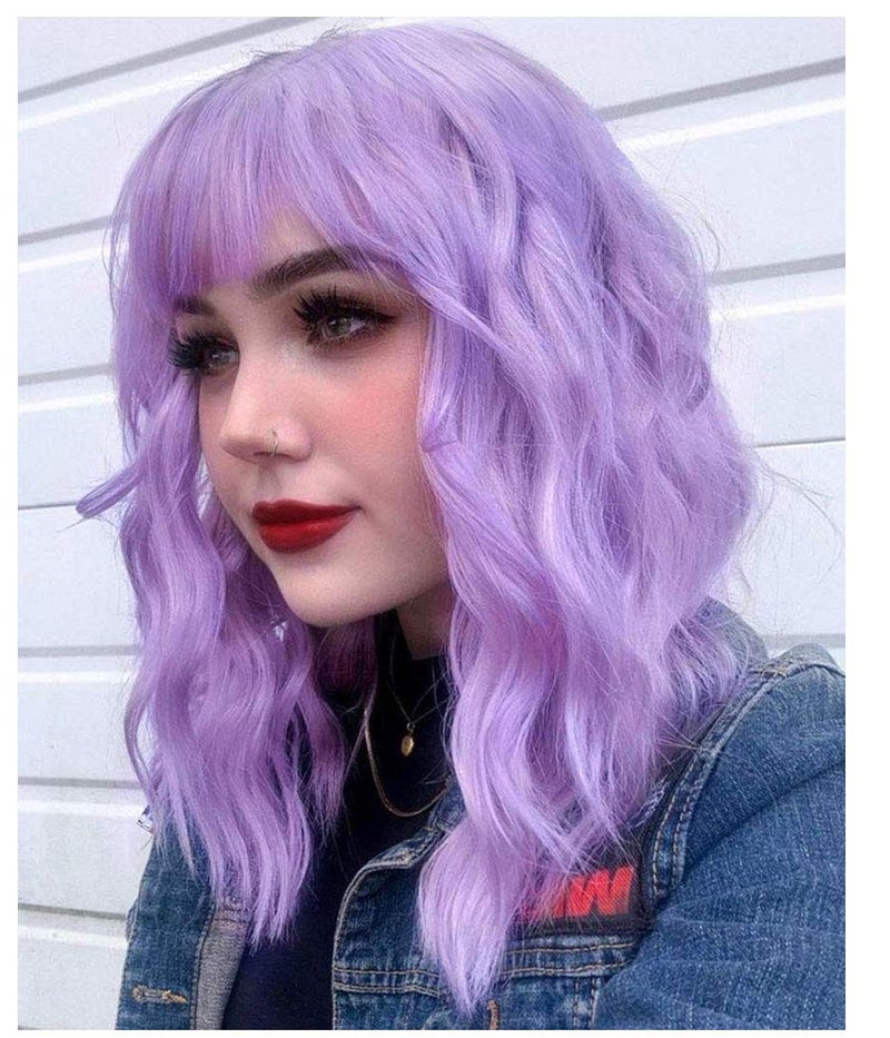 QACCF Purple Wig with Bang Short Wavy Shoulder Length Full Bang Pelucas Women Bob Purple Lavender Wig (Lavender) - Image 1