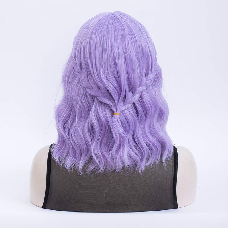 QACCF Purple Wig with Bang Short Wavy Shoulder Length Full Bang Pelucas Women Bob Purple Lavender Wig (Lavender) - Image 2