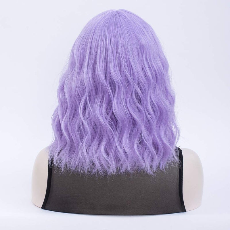 QACCF Purple Wig with Bang Short Wavy Shoulder Length Full Bang Pelucas Women Bob Purple Lavender Wig (Lavender) - Image 5