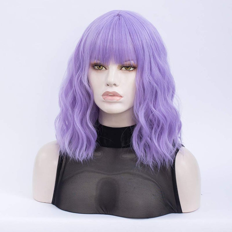 QACCF Purple Wig with Bang Short Wavy Shoulder Length Full Bang Pelucas Women Bob Purple Lavender Wig (Lavender) - Image 4