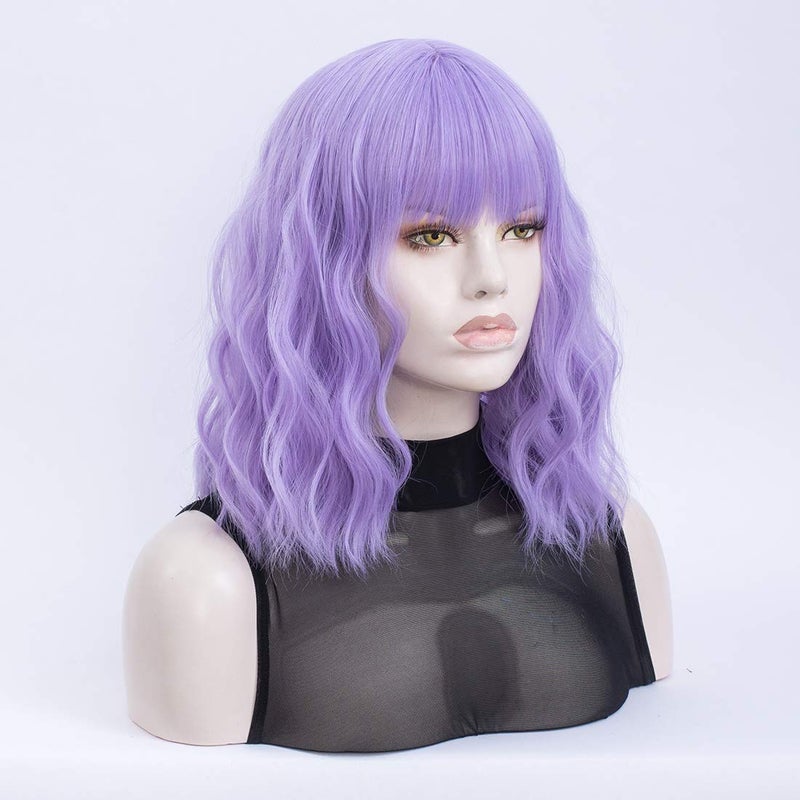 QACCF Purple Wig with Bang Short Wavy Shoulder Length Full Bang Pelucas Women Bob Purple Lavender Wig (Lavender) - Image 3