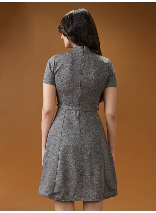 globus Globus Women Grey High Neck Short Sleeves Solid Mini Belted A-Line Workwear Dress  - Image 3