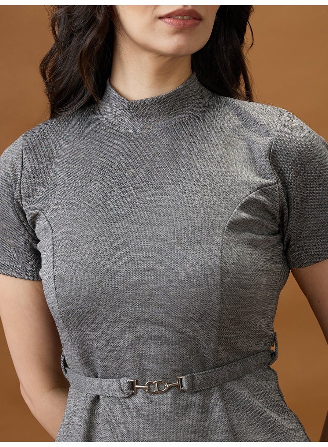 globus Globus Women Grey High Neck Short Sleeves Solid Mini Belted A-Line Workwear Dress  - Image 4