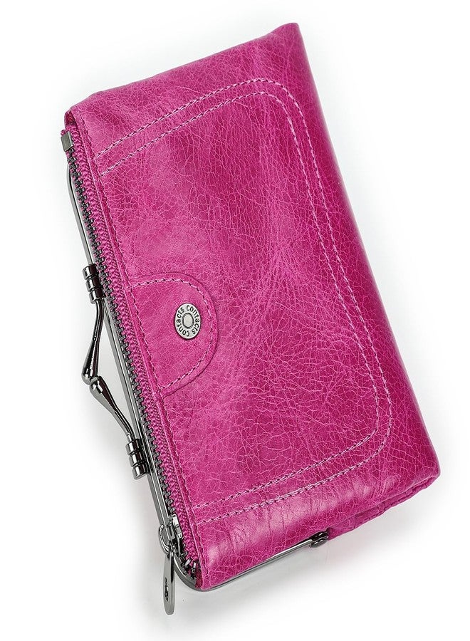 CONTACTS Full Grain Leather Kiss Lock Wallet for Women Small Coin Purse Zipper Bifold Kiss Clasp Rfid Wallet Vintage Card Holder with Photo Window (Rose Red) - Image 1