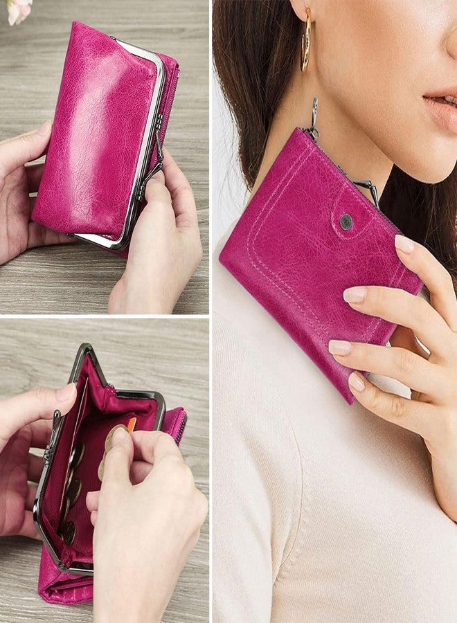 CONTACTS Full Grain Leather Kiss Lock Wallet for Women Small Coin Purse Zipper Bifold Kiss Clasp Rfid Wallet Vintage Card Holder with Photo Window (Rose Red) - Image 2