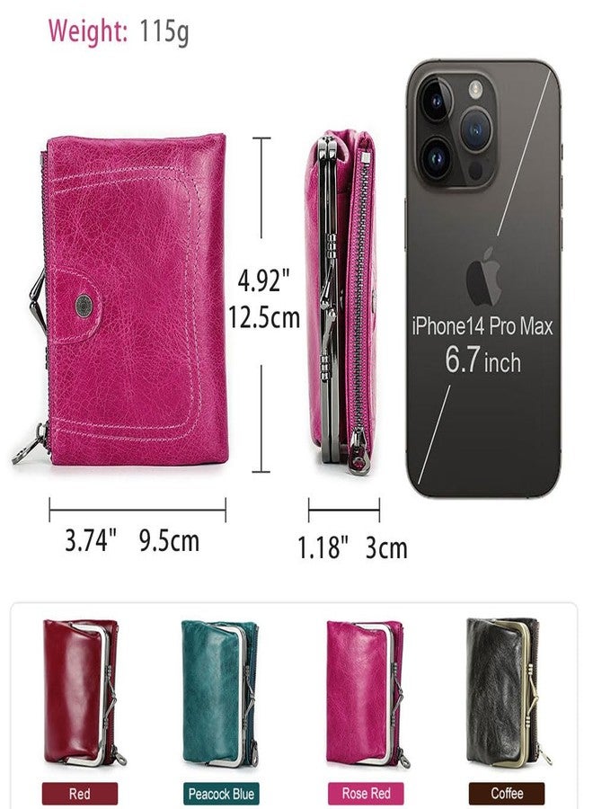 CONTACTS Full Grain Leather Kiss Lock Wallet for Women Small Coin Purse Zipper Bifold Kiss Clasp Rfid Wallet Vintage Card Holder with Photo Window (Rose Red) - Image 4