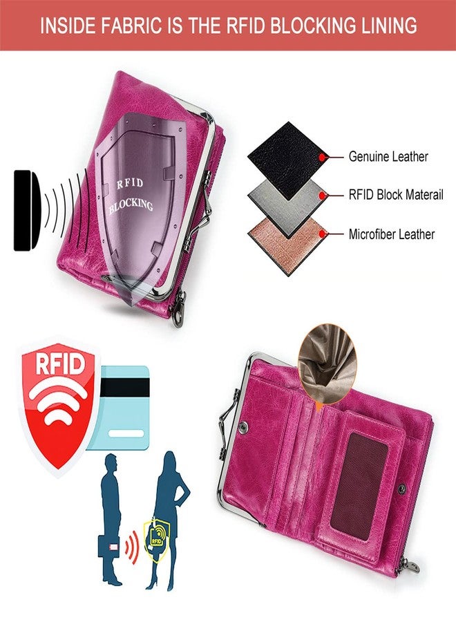 CONTACTS Full Grain Leather Kiss Lock Wallet for Women Small Coin Purse Zipper Bifold Kiss Clasp Rfid Wallet Vintage Card Holder with Photo Window (Rose Red) - Image 3