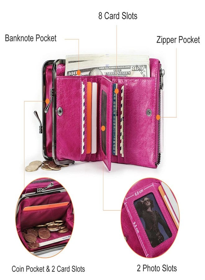 CONTACTS Full Grain Leather Kiss Lock Wallet for Women Small Coin Purse Zipper Bifold Kiss Clasp Rfid Wallet Vintage Card Holder with Photo Window (Rose Red) - Image 5