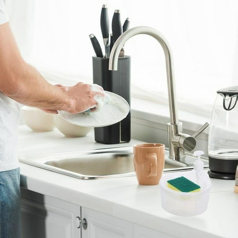 PAXCOO Double Layer 2-in-1 Kitchen Liquid Soap Dispenser with Pump and Sponge Kitchen Sink Accessories Items,Dishwasher Liquid Holder, for Sink Kitchen Hotel Restaurant(Multi Color) - Image 2