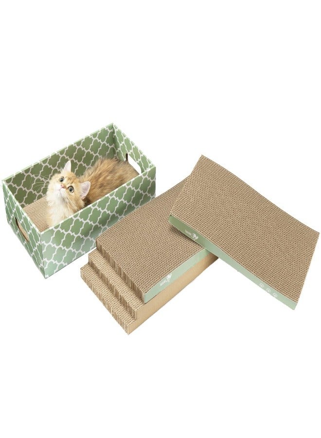 MECOOL Cat Scratching Board，5PC Cat Scratch Pad with Box，Reversible Corrugated Cat Scratcher Cardboard and Lounge Bed for Indoor Cats, Catnip - Image 1