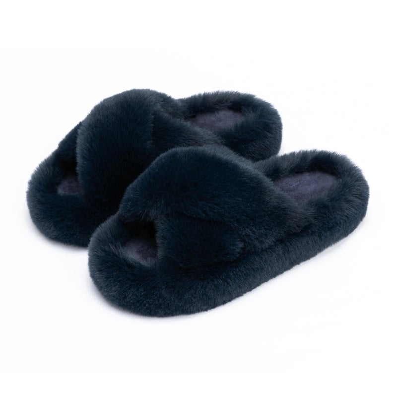 Chantomoo Women's Cross Slippers Memory Foam House Bedroom Slippers for Women Fuzzy Plush Comfy Faux Fur Lined Slide Shoes Anti-Skid Sole Trendy Gift Slippers Navy Blue Size 9 10 8.5 - Image 1