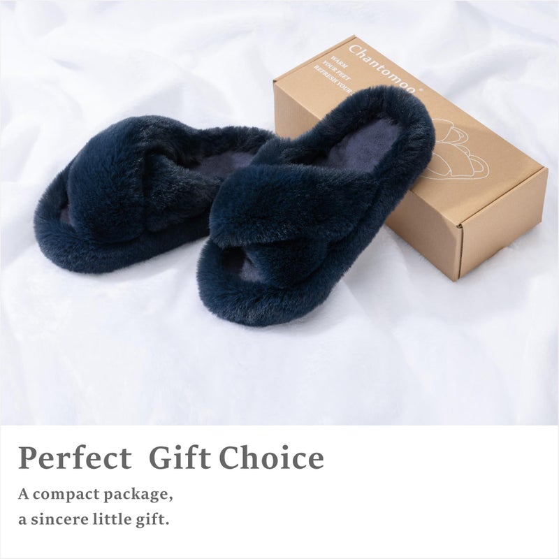 Chantomoo Women's Cross Slippers Memory Foam House Bedroom Slippers for Women Fuzzy Plush Comfy Faux Fur Lined Slide Shoes Anti-Skid Sole Trendy Gift Slippers Navy Blue Size 9 10 8.5 - Image 5