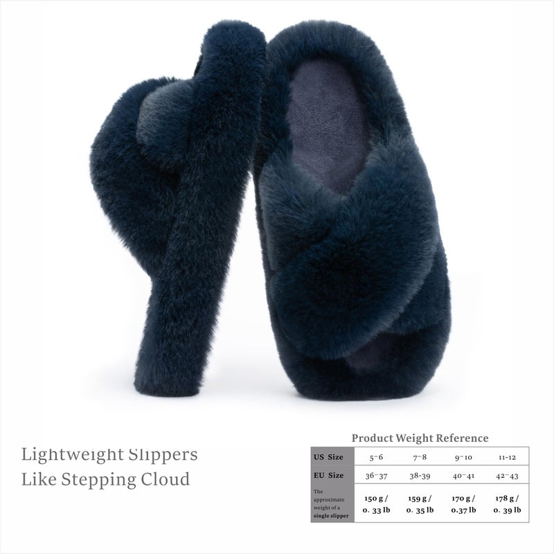 Chantomoo Women's Cross Slippers Memory Foam House Bedroom Slippers for Women Fuzzy Plush Comfy Faux Fur Lined Slide Shoes Anti-Skid Sole Trendy Gift Slippers Navy Blue Size 9 10 8.5 - Image 3