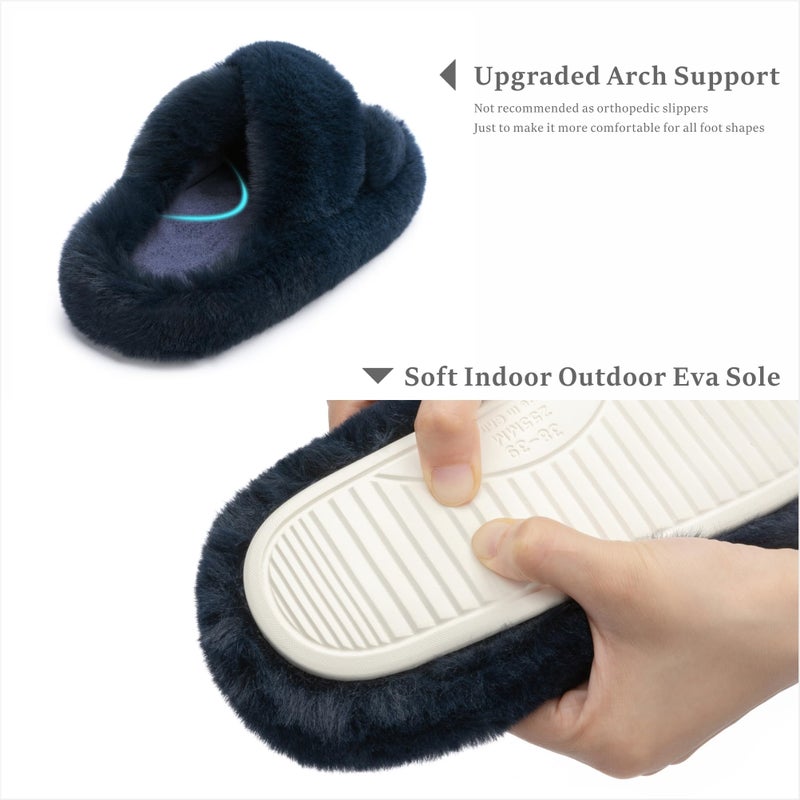 Chantomoo Women's Cross Slippers Memory Foam House Bedroom Slippers for Women Fuzzy Plush Comfy Faux Fur Lined Slide Shoes Anti-Skid Sole Trendy Gift Slippers Navy Blue Size 9 10 8.5 - Image 4