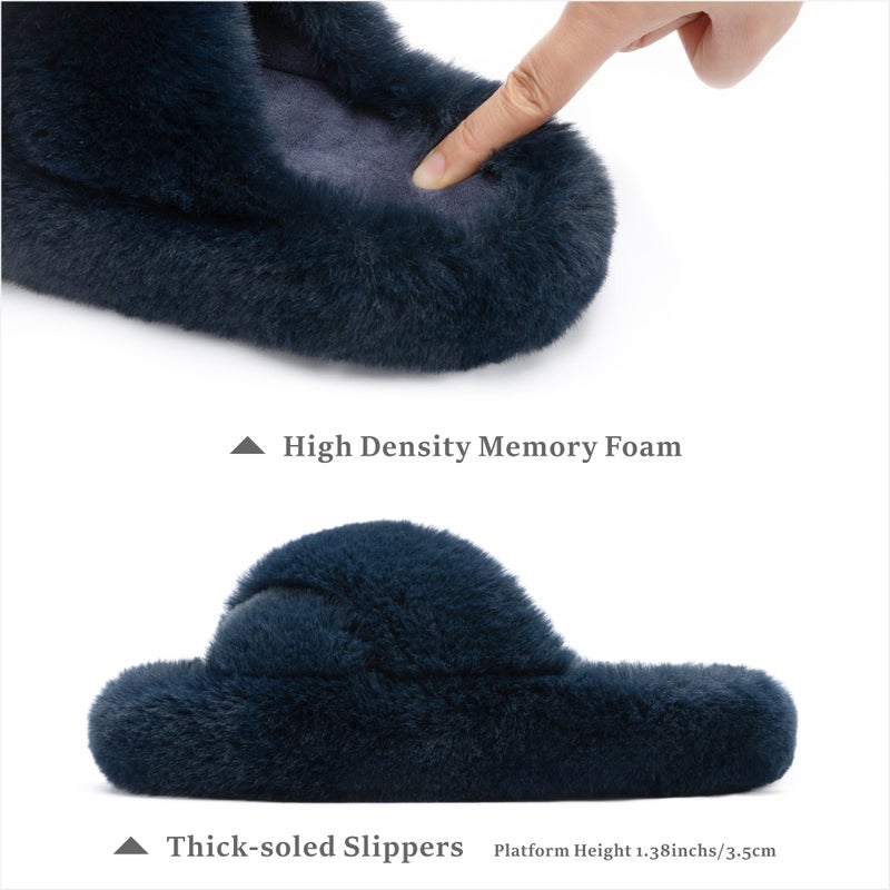Chantomoo Women's Cross Slippers Memory Foam House Bedroom Slippers for Women Fuzzy Plush Comfy Faux Fur Lined Slide Shoes Anti-Skid Sole Trendy Gift Slippers Navy Blue Size 9 10 8.5 - Image 2