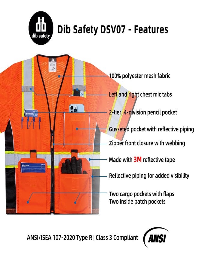 Dib Safety Reflective Mesh Vest ANSI Class 3, High Visibility with Pockets and Zipper, Made with 3M Reflective Tape, Orange 4XL - Image 4