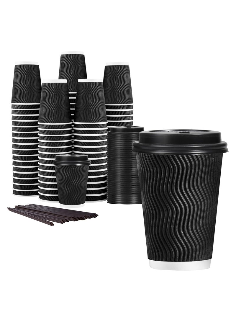 Mmmon 14 oz Disposable coffee cups with Lids, 50Pack insulated Hot Cups To Go Paper Coffee Cupswith Lids , Corrugated Ripple Wall Cupfor Hot Drink, Office, Coffee Bar (Black) - Image 1