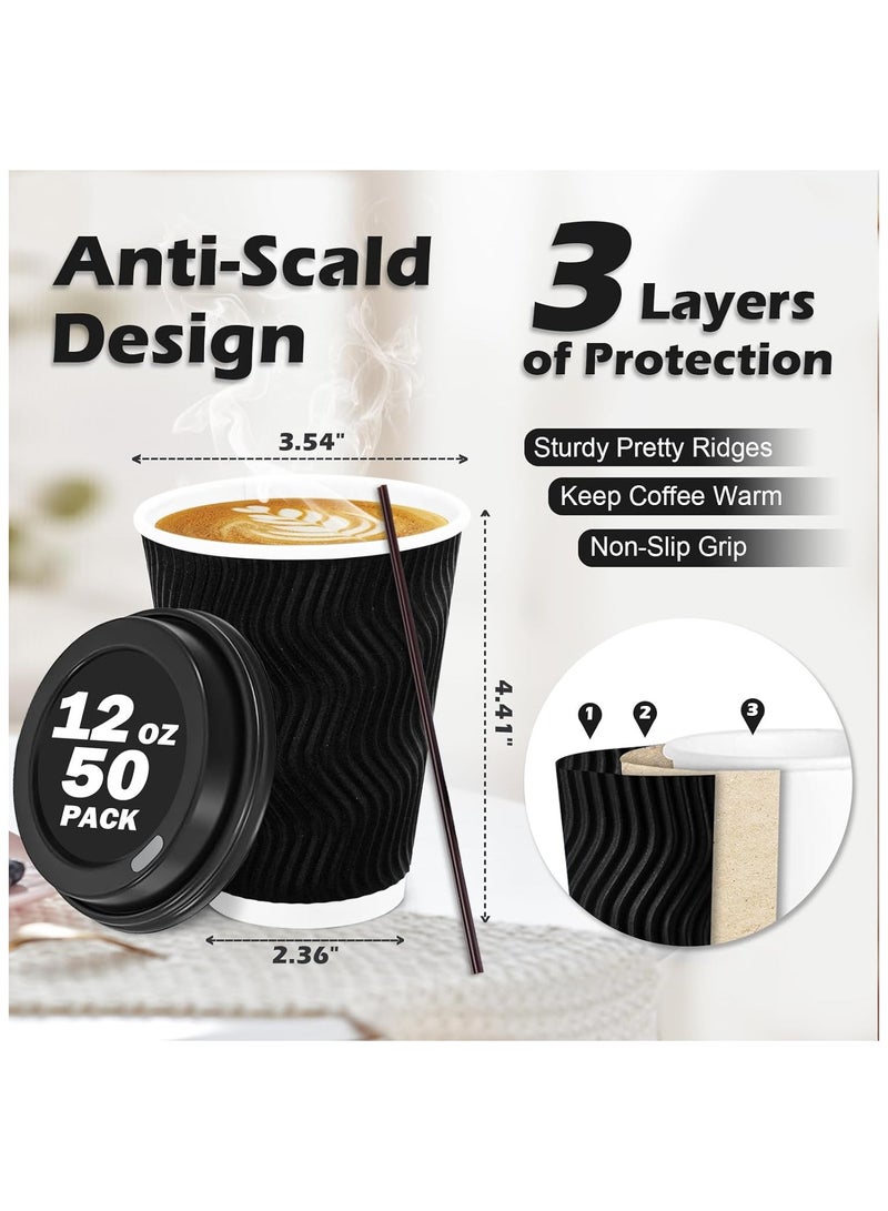 Mmmon 14 oz Disposable coffee cups with Lids, 50Pack insulated Hot Cups To Go Paper Coffee Cupswith Lids , Corrugated Ripple Wall Cupfor Hot Drink, Office, Coffee Bar (Black) - Image 2