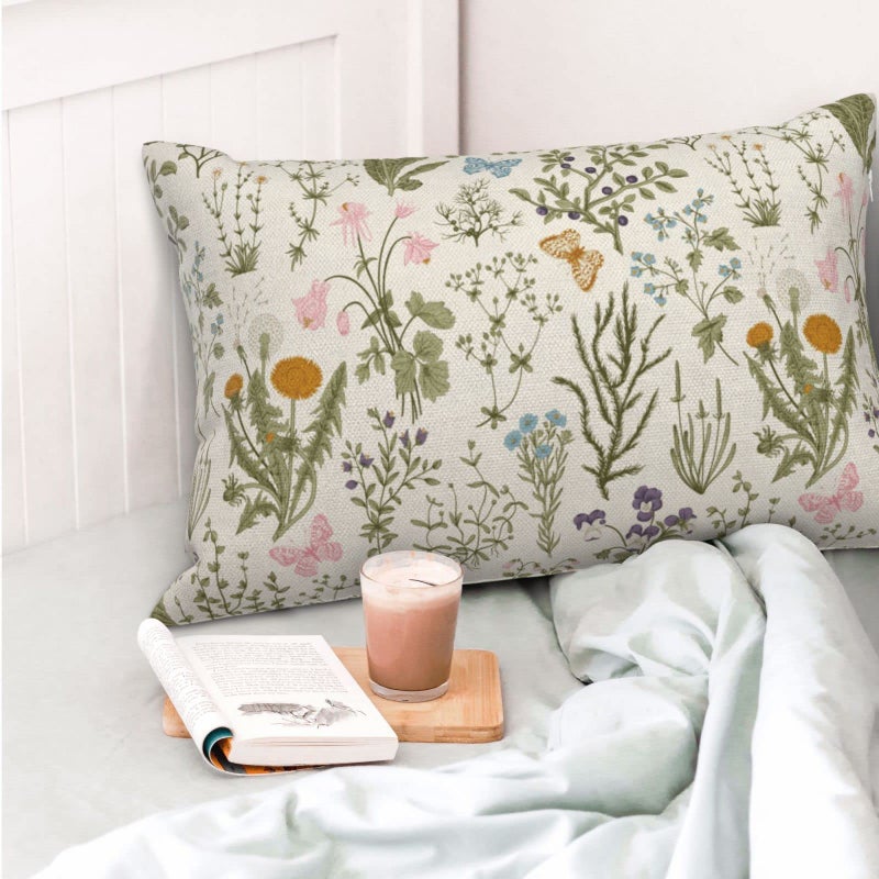 AEIOAE Spring Pillow Covers 12x20 Inch Set of 2,Sage Green Wild Flower Plant Throw Pillows Case,Seasonal Floral Outdoor Decorative Square Linen Farmhouse Decor Cushion Covers for Home Sofa Bed Couch - Image 2