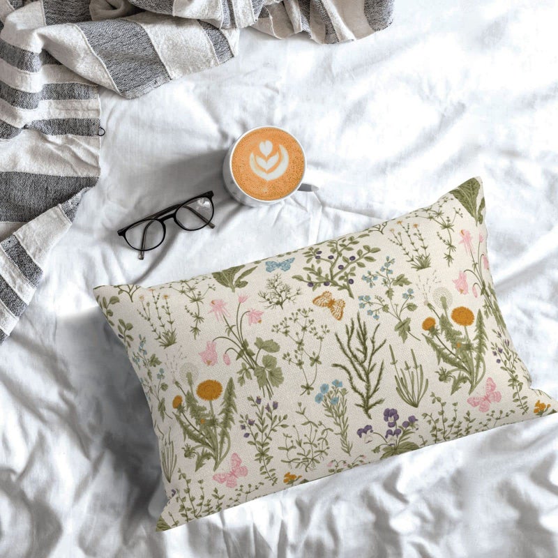 AEIOAE Spring Pillow Covers 12x20 Inch Set of 2,Sage Green Wild Flower Plant Throw Pillows Case,Seasonal Floral Outdoor Decorative Square Linen Farmhouse Decor Cushion Covers for Home Sofa Bed Couch - Image 3