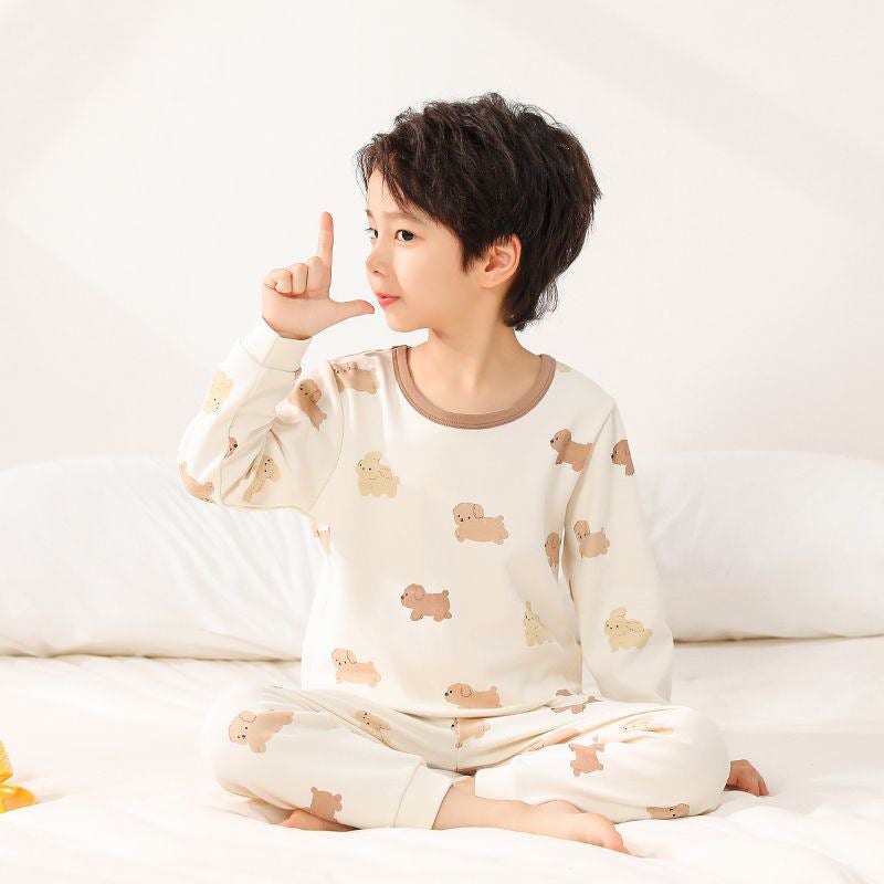 Children'S Home Wear Set For , Boys And Girls Thermal Underwear Two-Piece Round Neck Pajamas, Soft And Antibacterial - Image 2