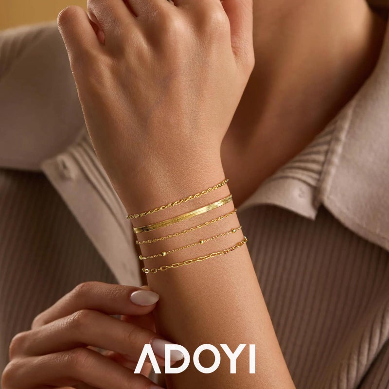adoyi Gold Bracelets for Women 14K Gold Plated Trendy Hand Chain Bracelet Stackable Ring Bracelet Stack Set Adjustable Hand Chain Link Layered Waterproof Jewelry Gifts for Womens - Image 2