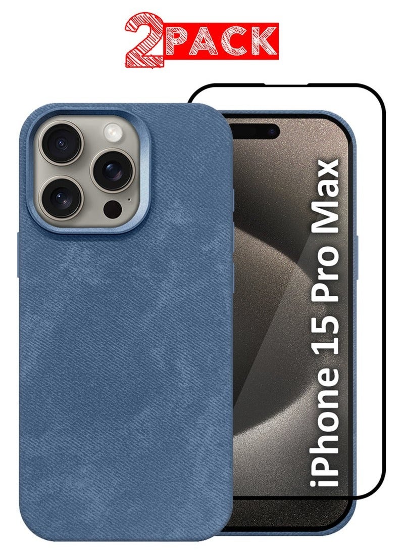 CATANES 2Packs iPhone 15 Pro Max Alcantara Case Cover Premium Quality Luxurious Soft Touch Protection with Metal Camera Frame with a 3D Screen Protector - Sierra Blue