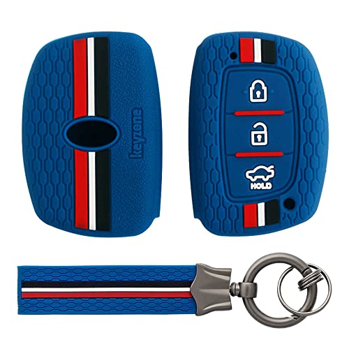 Keyzone® Striped Silicone Key Cover Compatible for i10 Grand, i20 Elite, i20 Active, Xcent, Verna 4s, Tucson, Elantra, Grand i10 Nios (3 Button Smart Key, Blue with Blue Striped Keychain) - Image 1