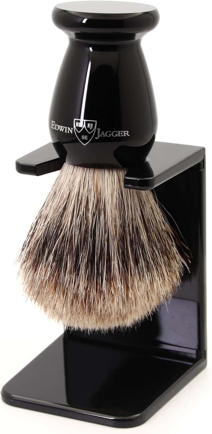 Edwin Jagger 1EJ946SDS Classic Best Badger Hair Exfoliating Shaving Brush with Stand for Shaving Cream or Shaving Soap for Men and Women Imitation Ebony - Image 1