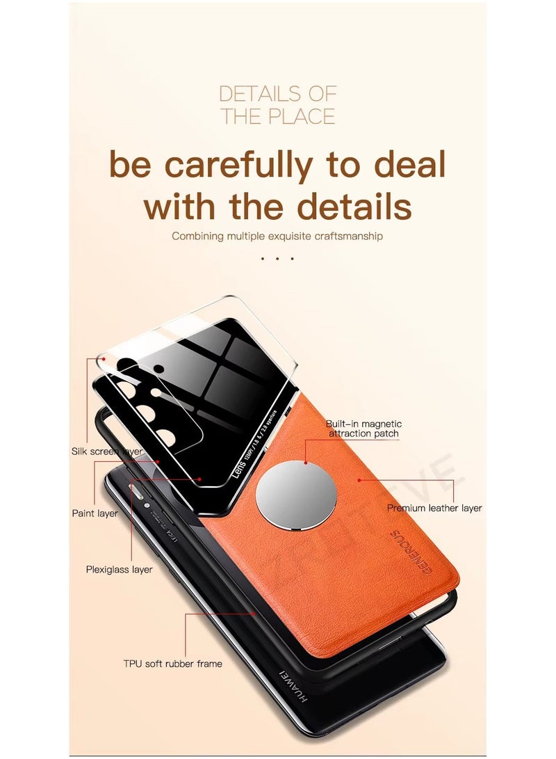 Case Compatible With Samsung Galaxy A55, Cover Luxury Leather And Glass With Car Magnetic Holder Phone Cover Soft Frame Silicone - Orange - Image 5