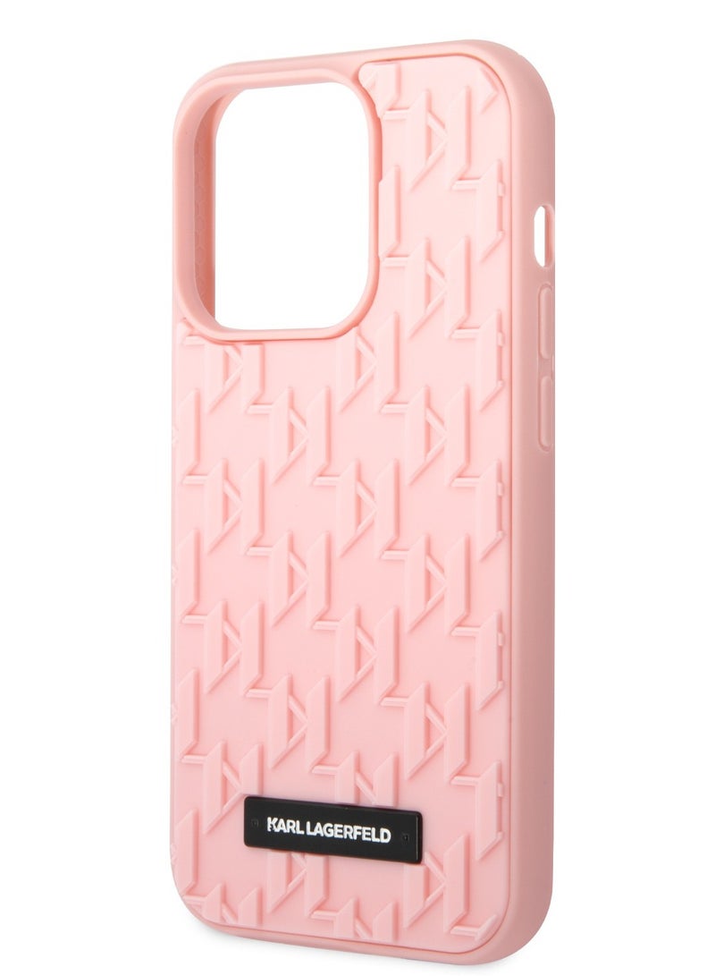 كارل لاغرفيلد حافظة بنمط مونوغرام مطاطي ثلاثي الأبعاد وشعار لوحة معدنية متوافقة مع هاتف آیفون 14 برو - وردي - Image 4