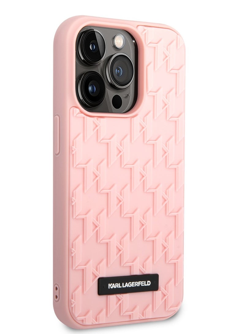 كارل لاغرفيلد حافظة بنمط مونوغرام مطاطي ثلاثي الأبعاد وشعار لوحة معدنية متوافقة مع هاتف آیفون 14 برو - وردي - Image 2