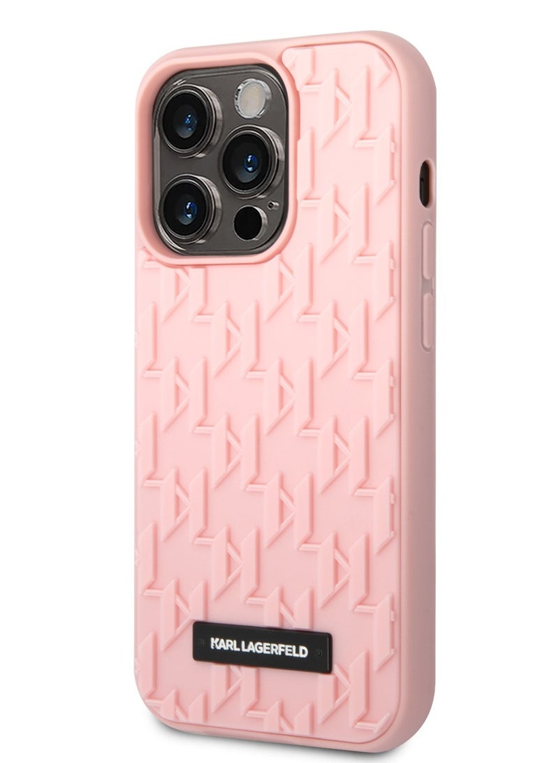 كارل لاغرفيلد حافظة بنمط مونوغرام مطاطي ثلاثي الأبعاد وشعار لوحة معدنية متوافقة مع هاتف آیفون 14 برو - وردي - Image 3