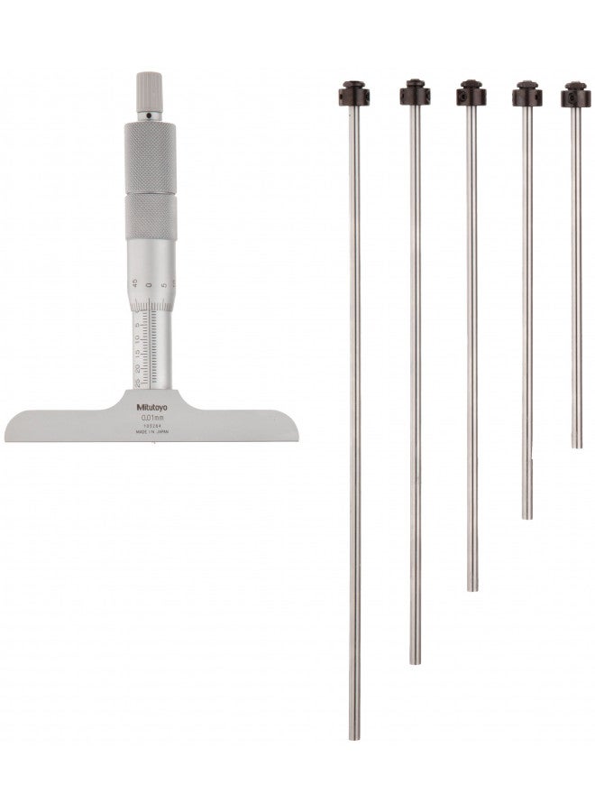 Mitutoyo 129-109 Vernier Depth Gauge, Interchangeable Rods, Micrometer Type, 0-50mm Range, 0.001mm Graduation, +/-0.0027mm Accuracy, 63.5mm x 16mm Base, 2 Rods - Image 1