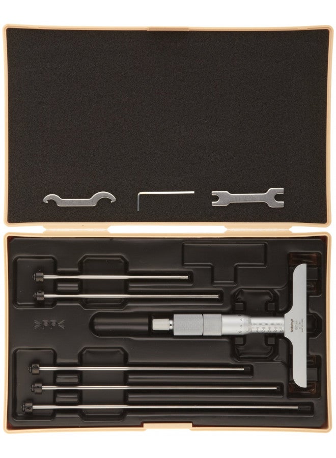 Mitutoyo 129-109 Vernier Depth Gauge, Interchangeable Rods, Micrometer Type, 0-50mm Range, 0.001mm Graduation, +/-0.0027mm Accuracy, 63.5mm x 16mm Base, 2 Rods - Image 2