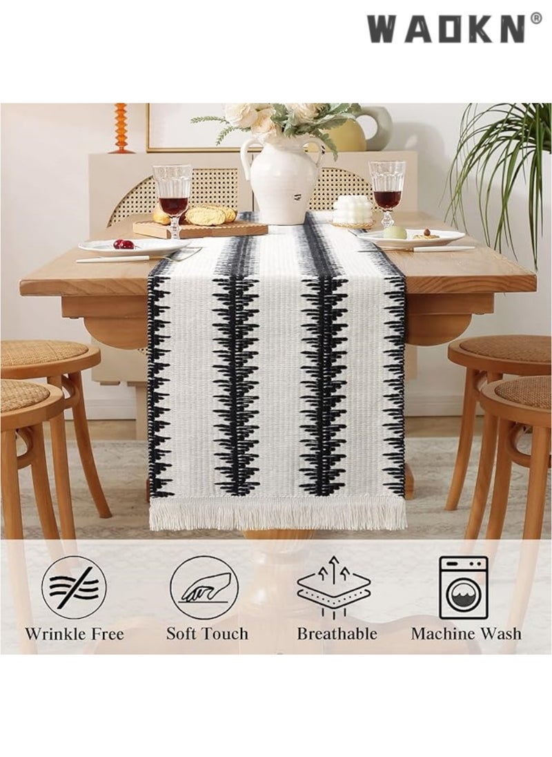 WAOKN Table Runner, 30 * 180 CM Burlap Table Runner Balck and White for Modern Farmhouse Decor, Natural Cotton Woven Runner with Tassels for Wedding Party Farmhouse Dining Table Decor  - Image 5