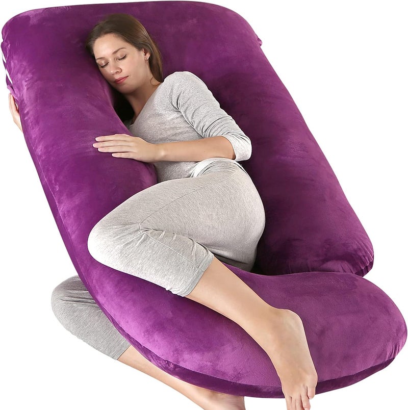 Elover Pregnancy Pillows,U Shaped Full Body Pillow for Sleeping Support,57 Inch Maternity Pillow for Pregnant Women with Removable Cover(Velvet,Dark Purple) - Image 1