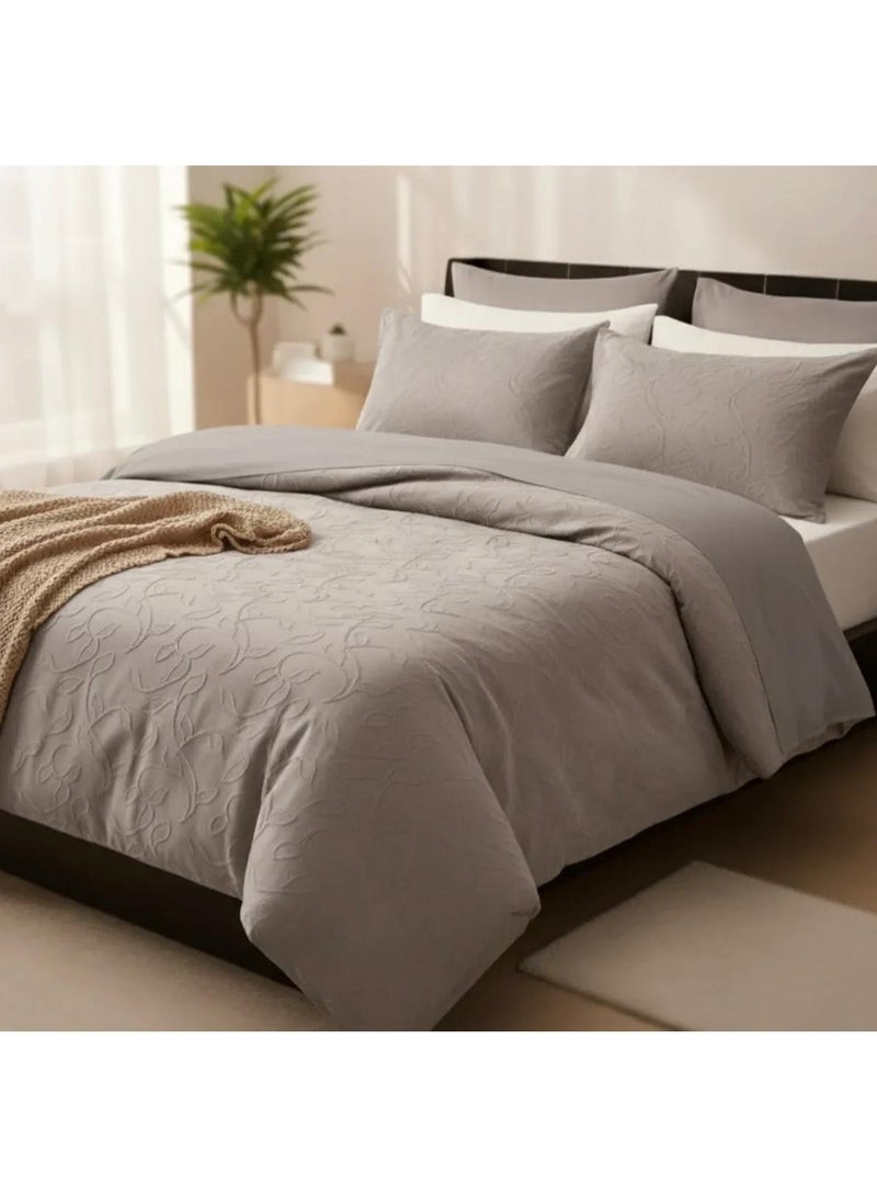 DREAM FASHION Luxury 6-Piece Bedding Set – Silver Grey Embossed Leaf Design - Image 1