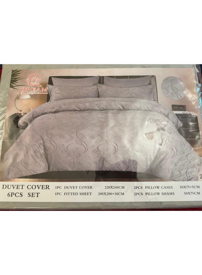 DREAM FASHION Luxury 6-Piece Bedding Set – Silver Grey Embossed Leaf Design - Image 2