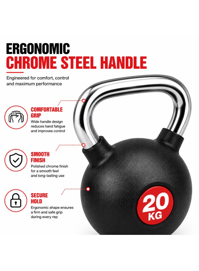 Rubber Coated Kettlebell 20KG with Ergonomic Chrome Steel Handle | Strength Training & Functional Fitness | Black - Image 3
