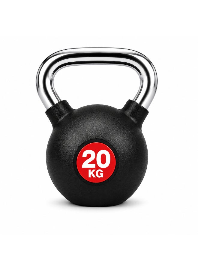 Rubber Coated Kettlebell 20KG with Ergonomic Chrome Steel Handle | Strength Training & Functional Fitness | Black - Image 1