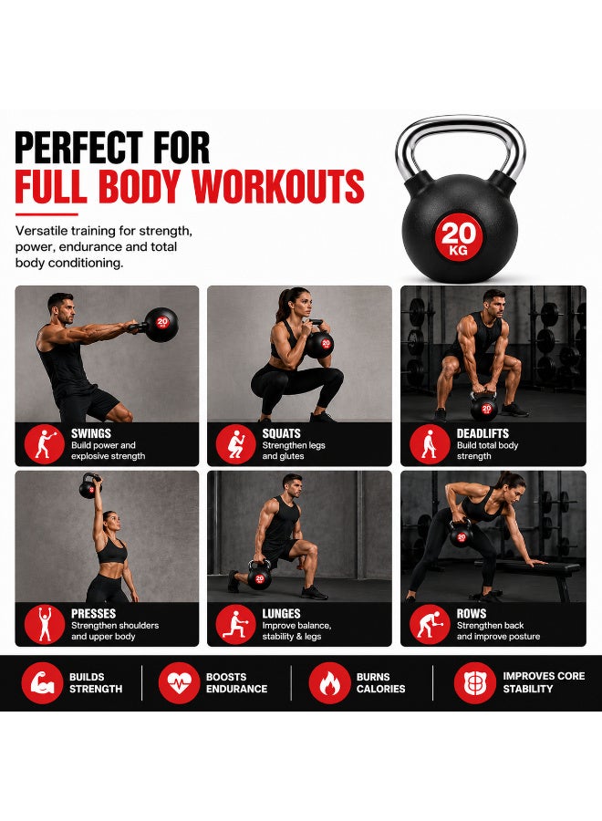 Rubber Coated Kettlebell 20KG with Ergonomic Chrome Steel Handle | Strength Training & Functional Fitness | Black - Image 4