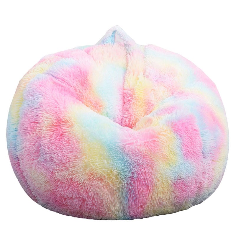 Kisoy Fluffy Stuffed Animal Storage Bean Bag Chair Cover (No Filler), Faux Fur Comfy Bean Bag Cover for Organizing Plush Toys or Textile, for Adults Teens Kids Girls, Rainbow - Image 1