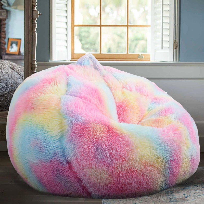 Kisoy Fluffy Stuffed Animal Storage Bean Bag Chair Cover (No Filler), Faux Fur Comfy Bean Bag Cover for Organizing Plush Toys or Textile, for Adults Teens Kids Girls, Rainbow - Image 2